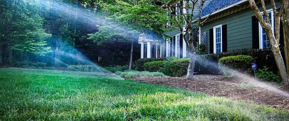 Lawn in Cary, NC, with irrigation sprinkler system.