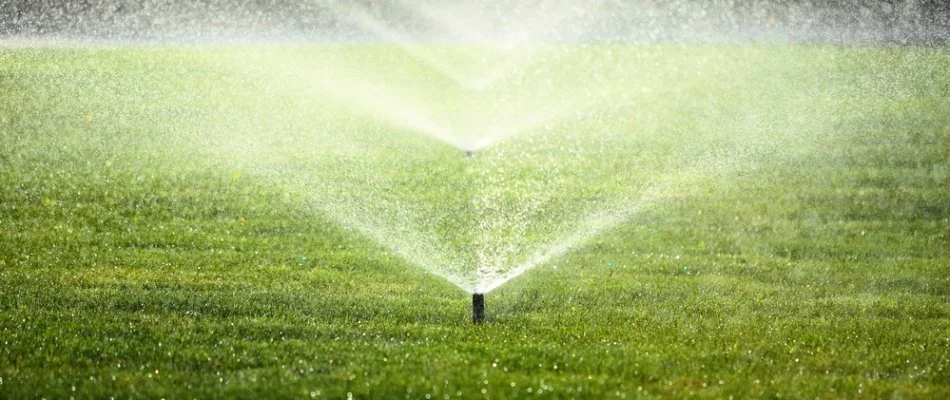 Row of sprinkler heads on a green lawn in Cary, NC.