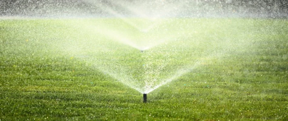 Aligned sprinkler heads watering a lawn in Wendell, NC.