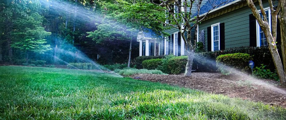 Lawn in Neuse, NC, being watered by sprinklers.