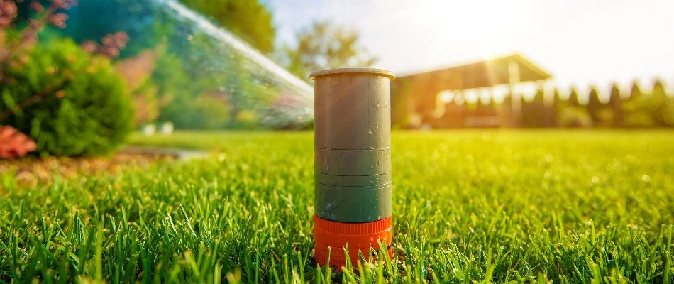 Sprinkler head with a red stripe on a property in Hillsborough, NC.