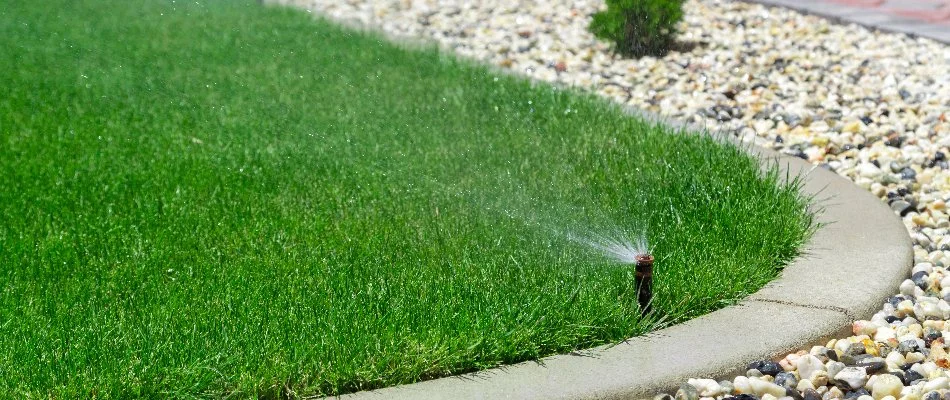 Sprinkler system near a curb in Fearrington, NC.