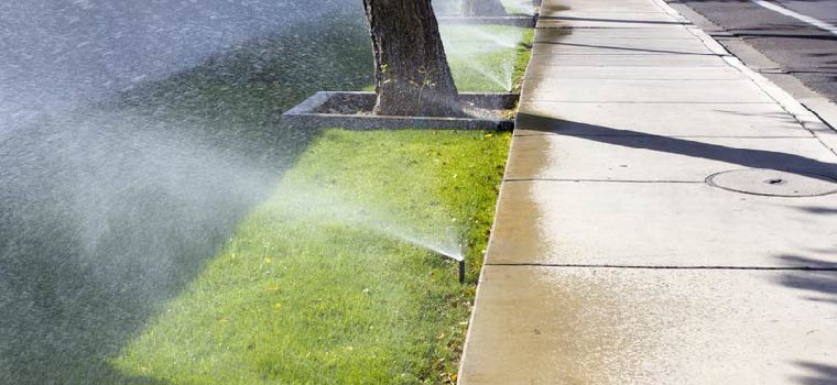 Automatic sprinklers watering grass next to a sidewalk