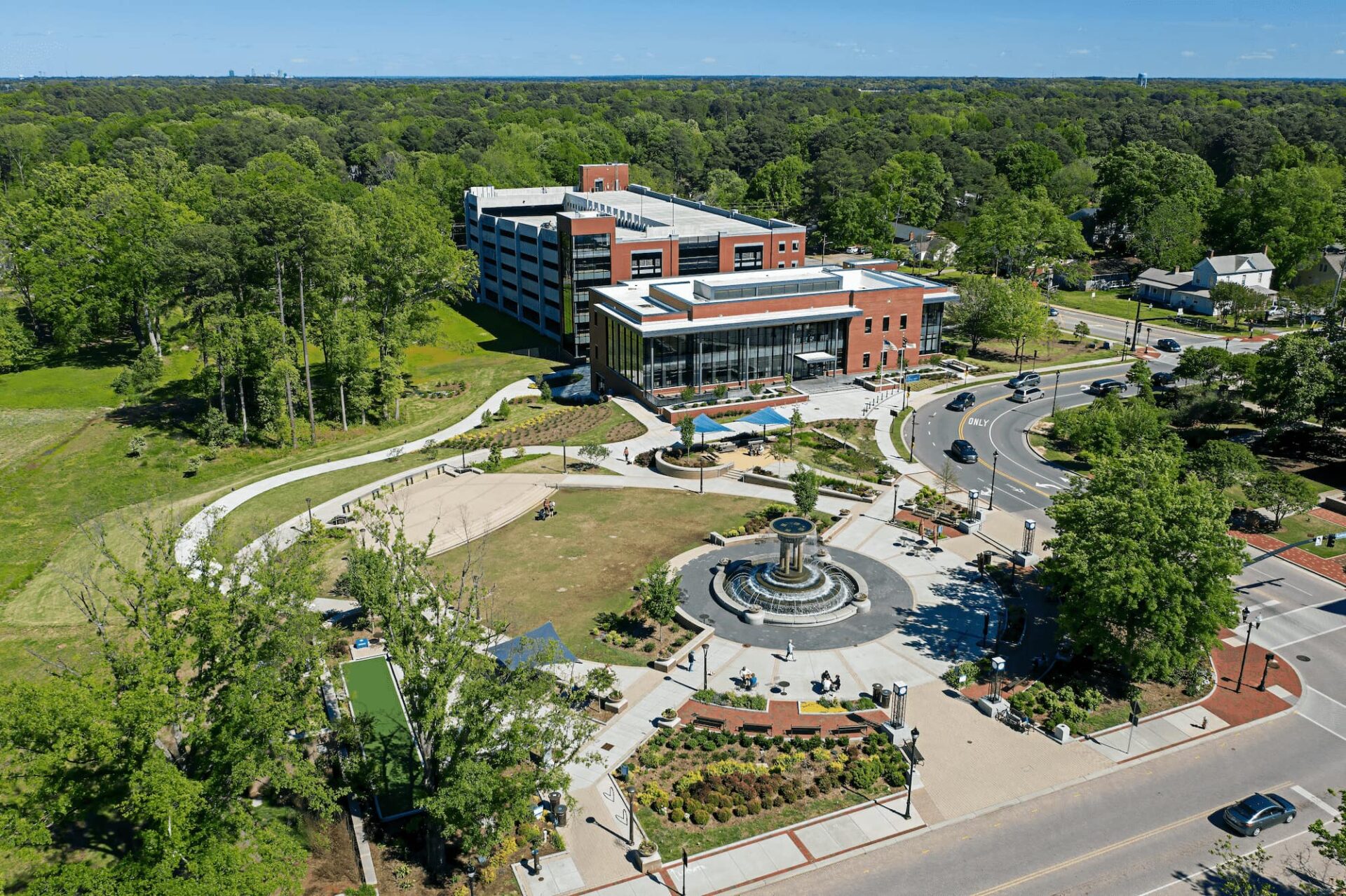 Aerial photo of downtown Cary, NC, showing off the beautiful landscaping.